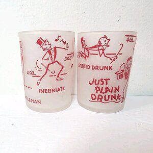 2 VTG Just Plain Drunk Frosted Red Shot Glass Funny 4 oz